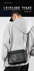 Outdoor man wearing black camo nylon crossbody bag with adjustable strap over the shoulder