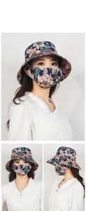 Detail of floral wide brim sun hat and breathable face cover for full outdoor protection