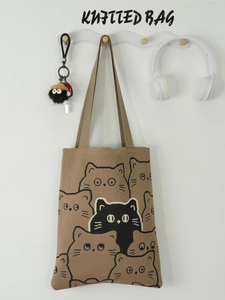 Cartoon cat pattern knitted tote bag in brown for women's daily commute shoulder use