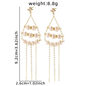 Elegant 14K gold plated long tassel earrings with tiered natural pearls and crystal studs