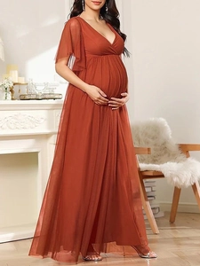 Elegant rust red V-neck tulle maternity evening gown with high waist empire design