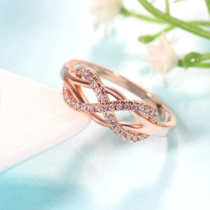 Rose gold S925 sterling silver infinity knot ring with pavé cubic zirconia accents