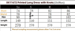 Size chart for printed maxi dress with chest, waist, hips, and length measurements