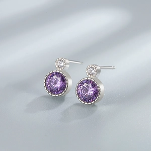 Elegant S925 sterling silver heart of the ocean stud earrings with purple zircon stones