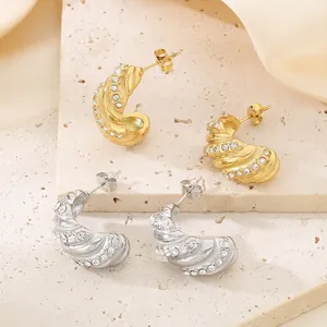 Stainless Steel C-Shaped Hoop Earrings For Women With Twisted Texture And Sparkling Cubic Zirconia Retro Style Jewelry