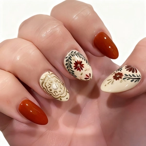 Long Almond Press On Nails ABS Plastic Retro Floral Leaf Autumn Style Women Manicure With Jelly Glue And Nail File