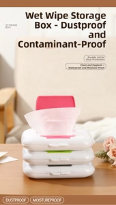 Macro detail of portable dustproof wet wipe dispenser with dual lids in pastel colors