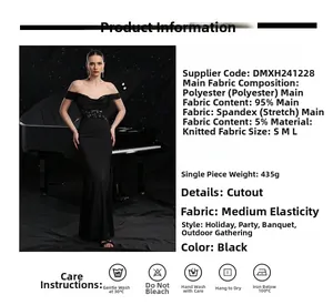 Detailed size chart and fabric specs for this off-shoulder lace evening maxi dress