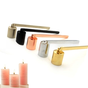 Detail view of long-handle candle snuffers in five metallic finishes on white background