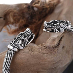 Silver alloy Viking dragon head bracelet with twisted cable band and retro finish