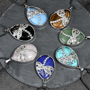 Dragonfly waterdrop stone pendant necklace set with diverse gemstones on black leather cords