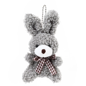 Cute gray plush bunny keychain with bow tie and curly faux sheepskin texture