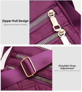 Detail of purple quilted nylon bag featuring gold metal zipper and adjustable shoulder strap