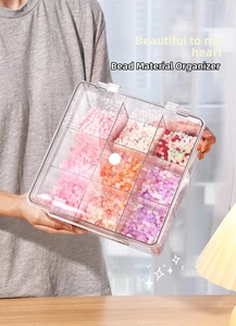 Close-up of 9-grid clear acrylic organizer box filled with colorful DIY beads and a lid