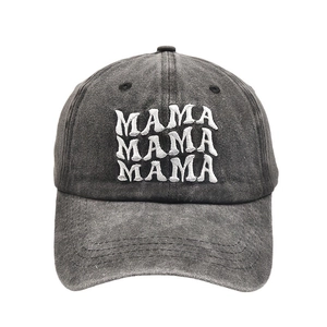 Vintage dark grey washed cotton baseball cap with white MAMA embroidery for women