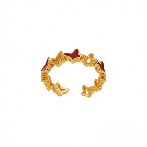 18k gold plated adjustable open ring with red enamel butterfly design and hollow pattern