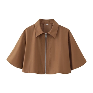 Ensemble pour femme veste courte à manches courtes zippée marron et jupe boule assortie