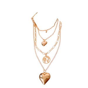 Layered gold heart and world map pendant necklace with four-tier chains for women