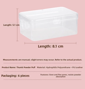 Detailed view of 8.1x5.1cm clear storage case for 6 mini finger makeup puffs