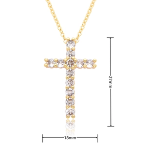 Detail view of gold cross pendant with cubic zirconia, size 27mm by 18mm