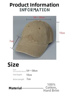 Detail of 100% cotton khaki baseball cap with embroidery and 7cm brim specifications