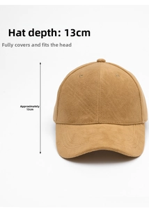 Detail showing 13cm depth design of camel faux suede baseball cap with soft texture