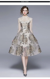 Detailansicht von Stehkragen aus Spitze und goldener Jacquard-Textur auf dem Kleid
