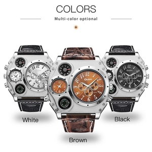 Three multi-dial quartz watches in white, black and brown with leather straps