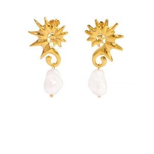Elegant 18K gold seahorse earrings with irregular pearl pendants on a clean white background