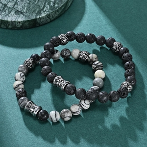 Mens vintage volcanic stone and marble beaded bracelet with engraved mantra metal beads