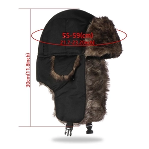 Winter thermal trapper hat in black with faux fur lining and ear flaps for outdoors