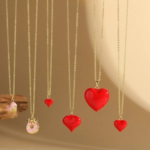 Fashion Copper Red Enamel Heart Donut Cupcake Pendant Necklace For Women Gold Plated Sweet Clavicle Chain Jewelry Gift