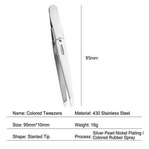Japanese style 95mm stainless steel slanted eyebrow tweezers with silver plated finish