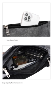 Macro detail of the gray oxford running waist bag featuring hidden rear zipper and multi-compartment storage
