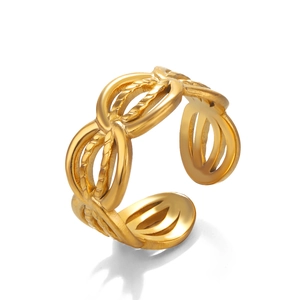 Minimalist 18K gold plated stainless steel open ring with twisted rope design details