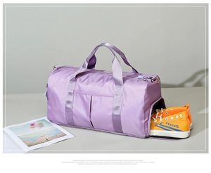 Purple waterproof fitness bag with dedicated shoe compartment for sports and travel