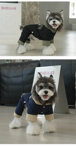 Close-up of windproof hooded dog jumpsuit with warm fleece lining and snap buttons