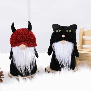 Halloween gnome plush ornaments with pumpkin and black cat design on wood base