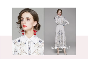 Détails d'une robe longue imprimée vintage avec col classique et manches bouffantes