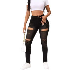Jean slim noir déchiré pour femme avec taille haute et détails d'usure à la mode