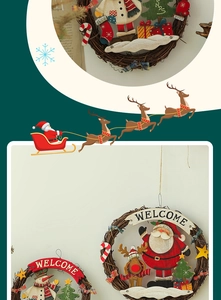 Detail of a festive Christmas welcome wreath featuring Santa, snowman, and reindeer figures
