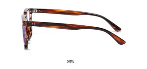 Side view of tortoise shell square frame sunglasses with metal rivet details