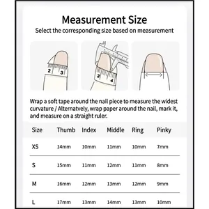 Size chart guide for pink cat-eye press-on nails showing XS, S, M, L measurements in mm
