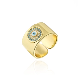18K gold plated wide open ring featuring a micro-inset blue evil eye motif for women