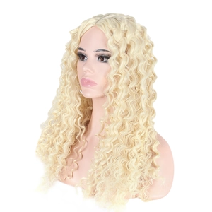 Macro detail of high-temperature synthetic fiber showing dense blonde afro curly hair texture