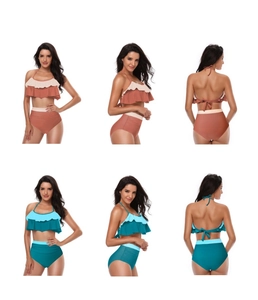 Detail view of high waisted bikini set featuring ruffled halter top and multi-angle views