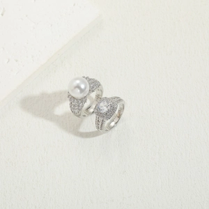 Elegant S925 silver ring featuring a large white pearl and square cut zircon stone