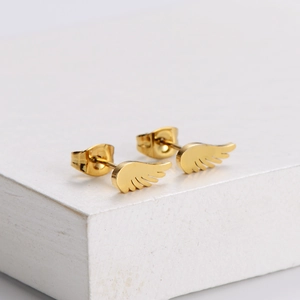 Elegant gold feather wing stud earrings in 304 stainless steel for daily wear