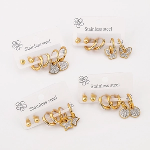 Stainless Steel Rhinestone Earrings Set For Women Gold Plated Heart Butterfly Star Waterdrop Geometric Hoop Stud Earrings Jewelry