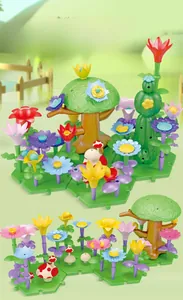 Macro shot of colorful plastic flower pieces and base plates for DIY garden building toy set